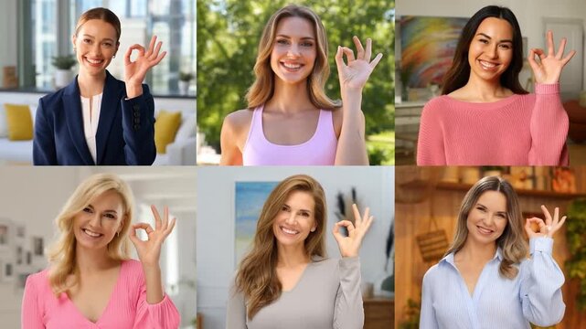 A collage of six women smiling and gesturing with their hands to show okay signs Stock Video