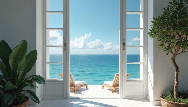 Bright interior view opens to blue ocean expanse with clear sky and fluffy clouds. Two loungers await on sunny terrace by sea. Rich green plants frame this tranquil vacation paradise.