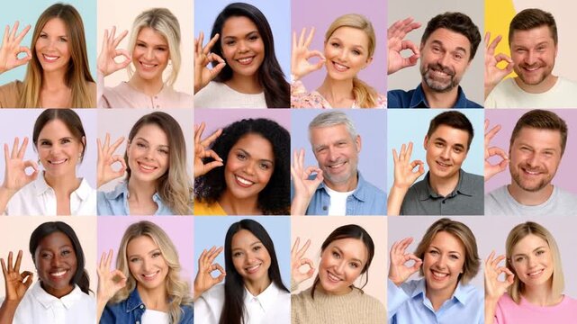 Diverse group of individuals making an OK hand gesture and smiling cheerfully. Each person displays a unique look and expression Stock Video