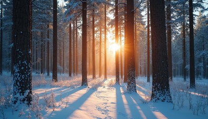 Sunlight shines through snow covered pine trees in winter forest. Long shadows stretch across icy path. Cold winter wonderland scene. Winter nature serene beauty.