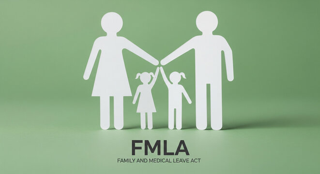 FMLA Family and Medical Leave Act concept with paper cutout family figures on sage green background
