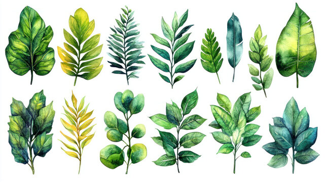 A collection of watercolor botanical elements: various leaves and branches in shades of green and yellow-green.  