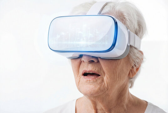 Amazed elderly woman wearing VR headset experiencing virtual reality on white background. - Powered by Adobe
