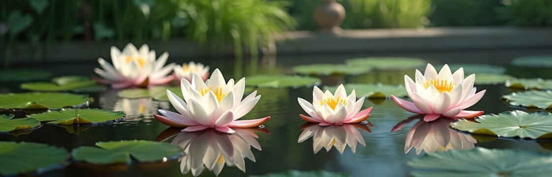 White water lilies bloom on a calm pond surface reflecting plants and sky. Lily pads float, water feature offers garden tranquility and peace. Serene aquatic flora thrives.