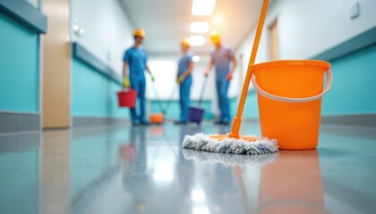Hospital cleaning crew mops shiny hallway floor. Workers in blue uniforms and hard hats use buckets, maintaining sterile environment. Teamwork ensures clean healthcare facility.