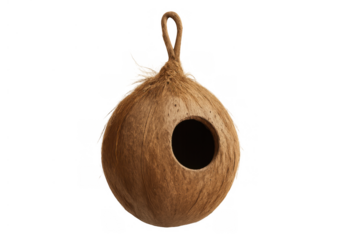 Coconut birdhouse crafted from a hollowed shell, offering a safe and natural haven for birds, isolated on transparent background