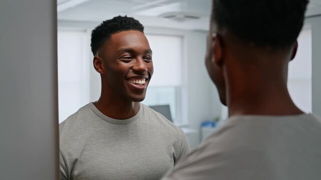A man is looking at his reflection with a cheerful smile and joy in the mirror, exuding confidence and self-satisfaction. The scene captures a moment of self-appreciation and positivity.  Stock Video