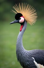 Obraz premium Gray crowned crane with golden feathers on head. Large bird has black beak, red wattle on neck, gray white and black body. Wildlife portrait against green natural background.