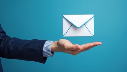 Businessman arm extends with open palm. White email message icon floats over hand on blue background. Concept of online digital communication, business tech, contact us, customer support service.
