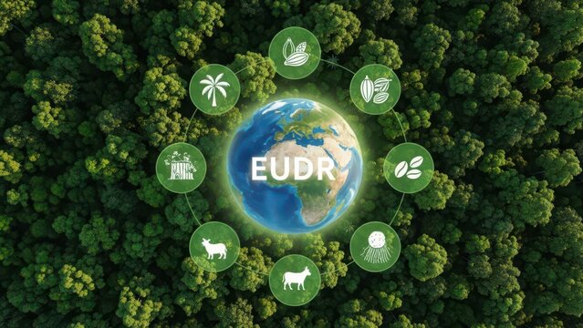 EUDR (European Union Deforestation Regulation) Concept Graphic Over Aerial Forest View. Sustainable Production and Environmental Compliance Icons