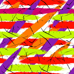 Seamless colorful pattern with diagonal paint strokes and cracked grunge texture. Abstract urban background for textile printing, fashion garments, wallpapers, packaging and creative digital designs.