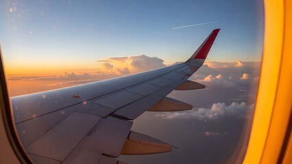 View from Passenger Window of an Airplane Wing and Red Winglet Flying Above the Clouds During a Golden Sunrise or Sunset