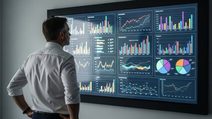Businessman Analyzing Digital Financial Data on Large Display Screen