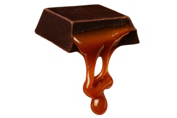 Dark chocolate square with liquid caramel sauce dripping, gooey flowing texture, sweet dessert filling on transparency