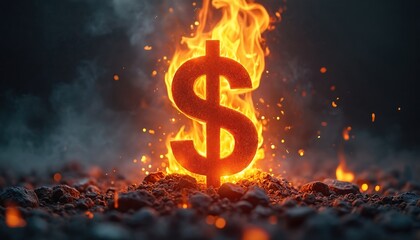 Dollar sign burns brightly in flames with smoke and sparks rising. Abstract symbol of financial crisis economic recession inflation risk and wealth destruction.