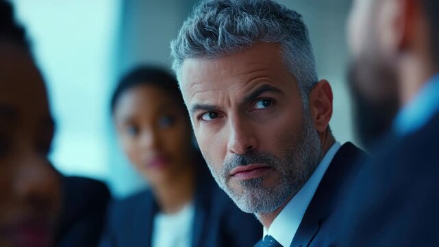 Middle-aged man in suit looking perplexed at table discussion