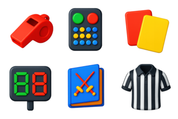 Referee Tools Icons. 3D icon set of referee tools: whistle, scoring remote, colored cards, timer board, fencing rulebook, referee
