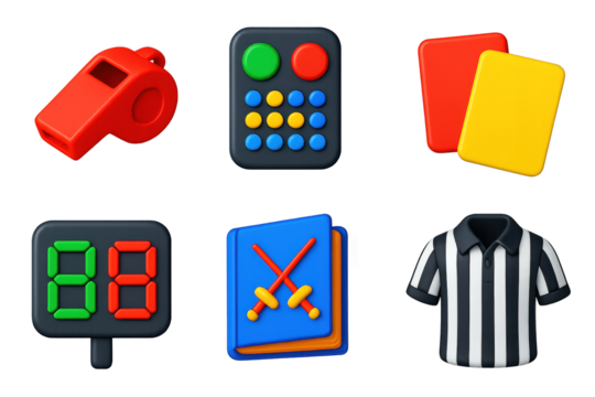 Referee Tools Icons. 3D icon set of referee tools: whistle, scoring remote, colored cards, timer board, fencing rulebook, referee