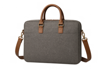 Gray fabric laptop bag with brown leather handles and shoulder strap, carrying technology for business travel