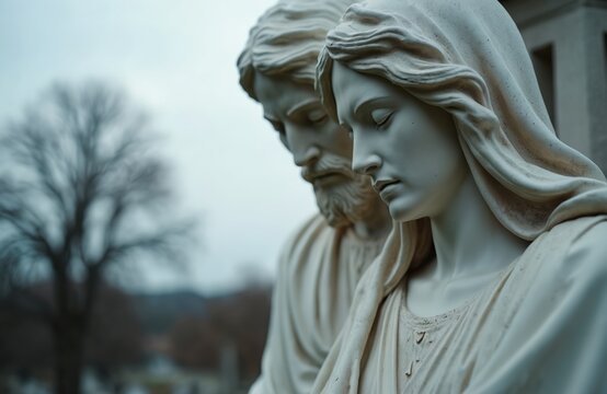 Marble pieta statue of Jesus and Mary in cemetery. Stone sculpture shows grieving mother with her son. Religious art, tradition, mourning, spiritual symbol, solemnity.