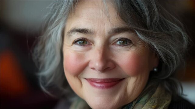Grey-haired, thoughtful expression, poised elegance.