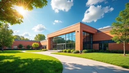 Exterior shot showcases modern library on sunny day. Brick building features large glass windows. Rich green lawn and trees surround structure offering inviting communal learning atmosphere.