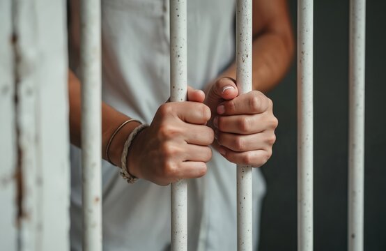 Hands grasp white bars of a jail cell. A person is inside prison. Someone outside is holding onto the bars, showing support or despair. Justice system scene.