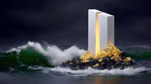 Abstract Pillars Illuminated on Rocky Island in Stormy Sea - Powered by Adobe