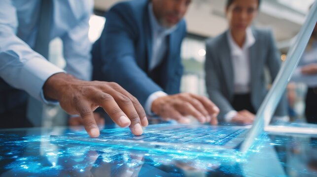 Collaborative Business Team Analyzing Data on Interactive Digital Interface for Strategic Decision-Making and Innovation