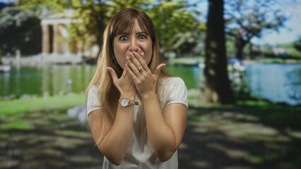 Woman with hands over mouth covering face in forest setting wearing white shirt and wristwatch;...