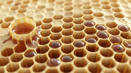 Close-Up of Honeycomb Filled with Fresh Golden Honey in Warm Natural Light, organic beekeeping detail
