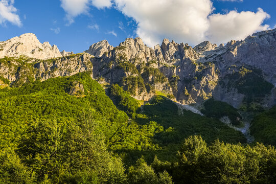 Scenic summer landscape of Valbona Valley National Park. Prokletije or Accursed Mountains in Northern Albania, Europe