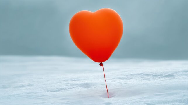 Bright Red Heart Balloon Floating Over Snowy Landscape for Winter Celebration and Love Themed Events or Romantic Occasions