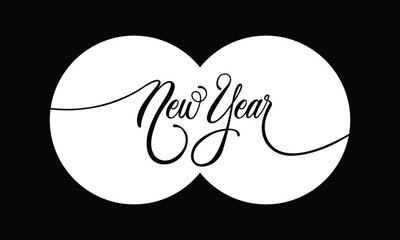 Elegant black and white New Year hand-lettering design with flowing script inside overlapping white circles on black background, festive typography illustration ideal for holiday greetings and seasona