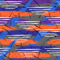 Energetic brush strokes and sharp graphic lines create a bold abstract pattern in orange, blue, purple and grey tones. Ideal for apparel, streetwear, sports designs, accessories and dynamic fabric pri