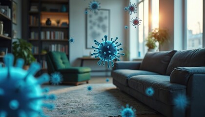 Modern home living room shows comfortable grey couch, green armchair, bookshelf. Microscopic virus particles float in air. Abstract render illustrates airborne germs, bacteria, health risk, pollution