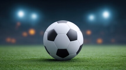 Fototapeta premium Close-up View of a Classic Soccer Ball on a Green Field Under Stadium Lights with Blurred Background and Light Bokeh Effects