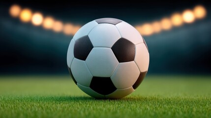 Realistic soccer ball resting on lush green grass with blurred stadium lights in background creating a dramatic sports atmosphere