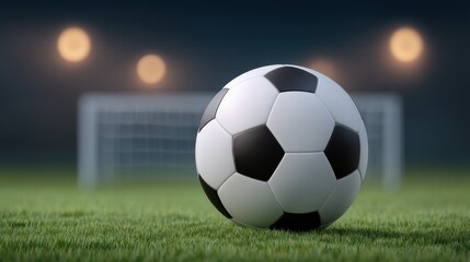 Naklejka premium Close-up View of a Soccer Ball on Green Grass with Goal in Background and Soft Glowing Bokeh Lights, Perfect for Sports-themed Projects and Designs