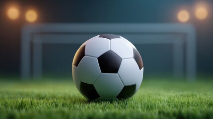 Close-up of a classic black and white soccer ball resting on vibrant green grass pitch with a blurred goalpost in the background at dusk lighting