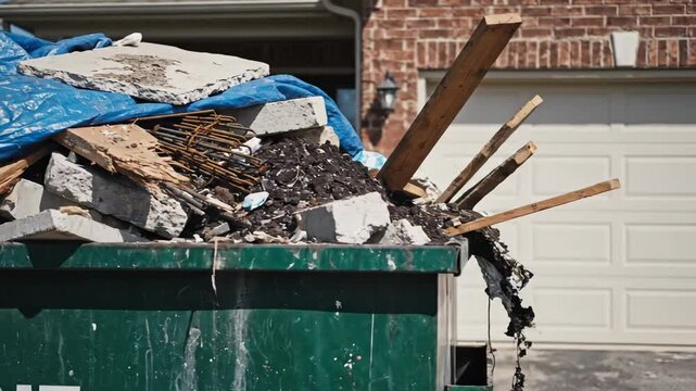Construction debris in large green dumpster for waste removal and renovation project