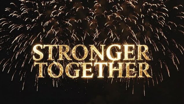 Stronger together fireworks celebration golden text animation background for new year event party