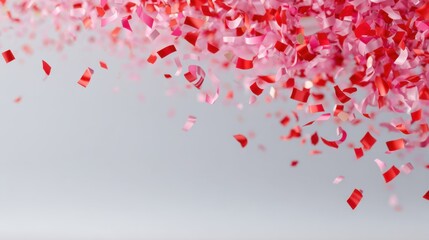 Colorful red and pink confetti falling against a neutral background ideal for celebration, party decor, or festive events in high-resolution photography