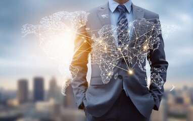 Business Professional in Suit Overlooking Urban Landscape with Digital World Map Overlay Representing Global Connectivity and Communication