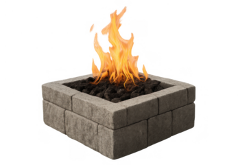 Square stone fire pit having bright flames, glowing fire, and burning coals, creating a warm outdoor ambiance with transparent background
