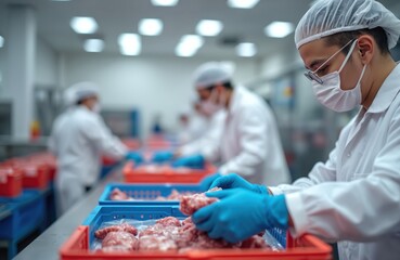 Workers in sterile suits process meat in a factory line. They wear gloves and masks, handling raw meat products. Cleanliness and hygiene are in this food manufacturing environment.