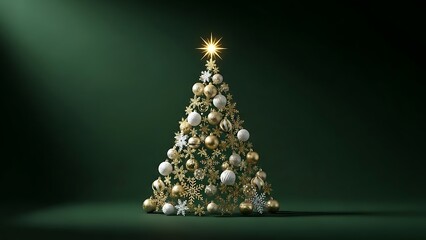 Festive Christmas Tree with Golden Ornaments and Star on Dark Green Background