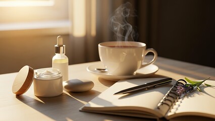 Steaming Coffee Cup with Skincare Products and Notebook in Cozy Morning Light
