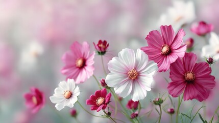 Beautiful close-up view of colorful cosmos flowers blooming in a serene garden, showcasing delicate petals and vibrant colors on a soft blurred background