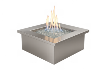 Modern gas fire pit with flames, heating an outdoor space, featuring metal construction and decorative glass rocks